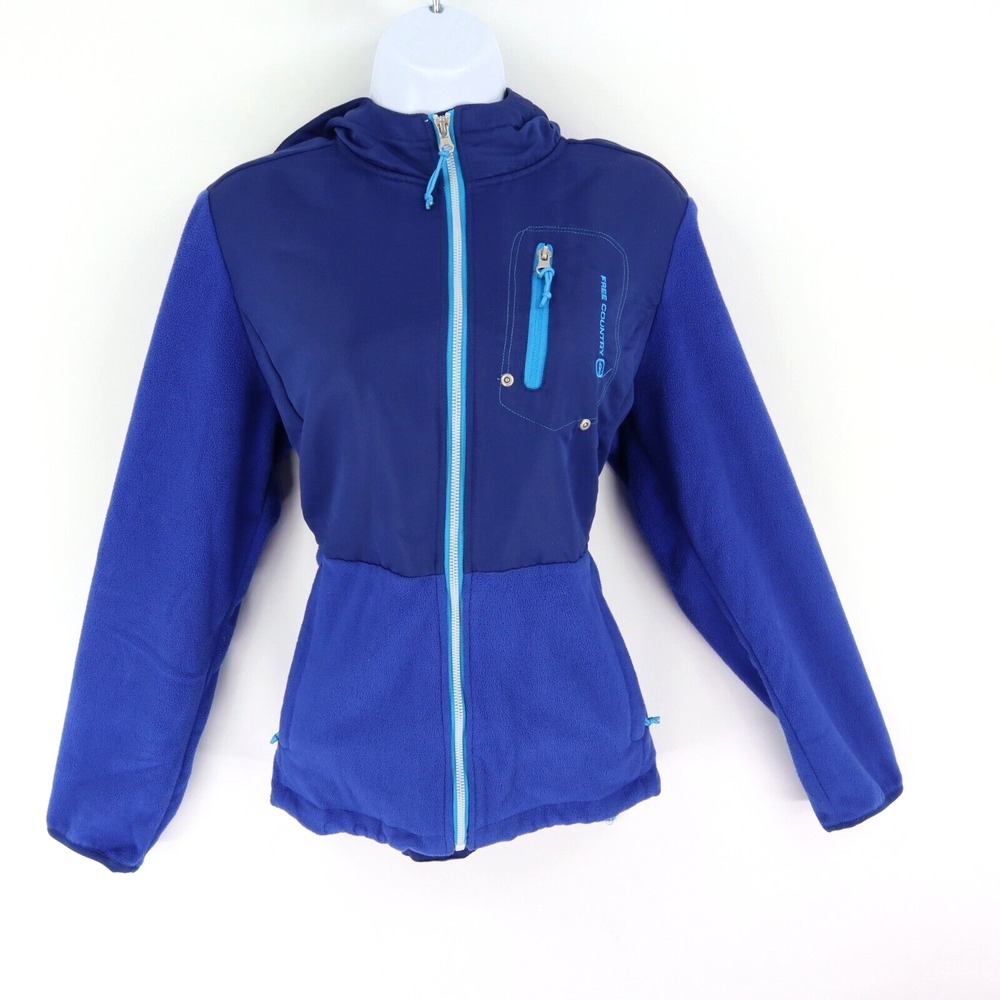 Free Country Fleece Jacket Hooded Full Zip‎ Womens Size M Blue Zipping Pockets